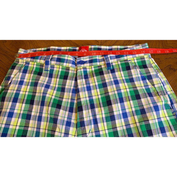 PJ Mark Plaid Green Blue Yellow Baggy Hip Hop Flat Front Shorts Size 34 - Picture 5 of 6